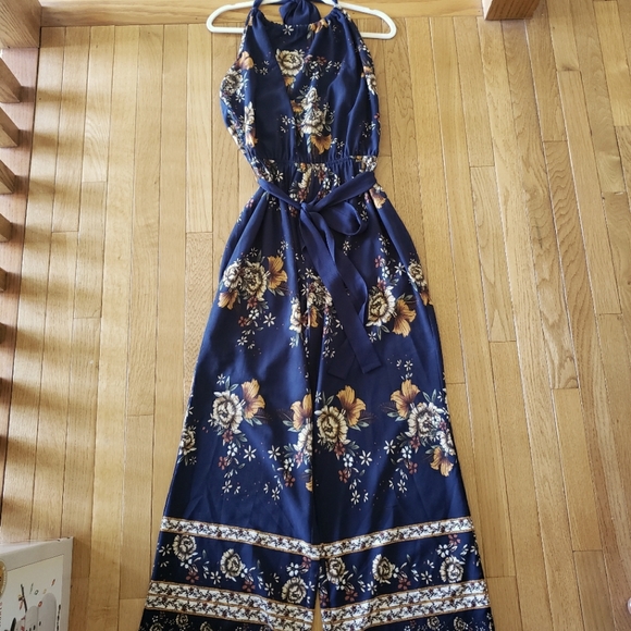 easel Pants - easel Navy Floral Halter Jumpsuit with Mustard Accents